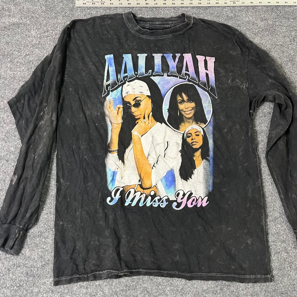 Aaliyah Long Sleeve Shirt Womens Size M/L Black Acid Wash I Miss You Graphic Tee